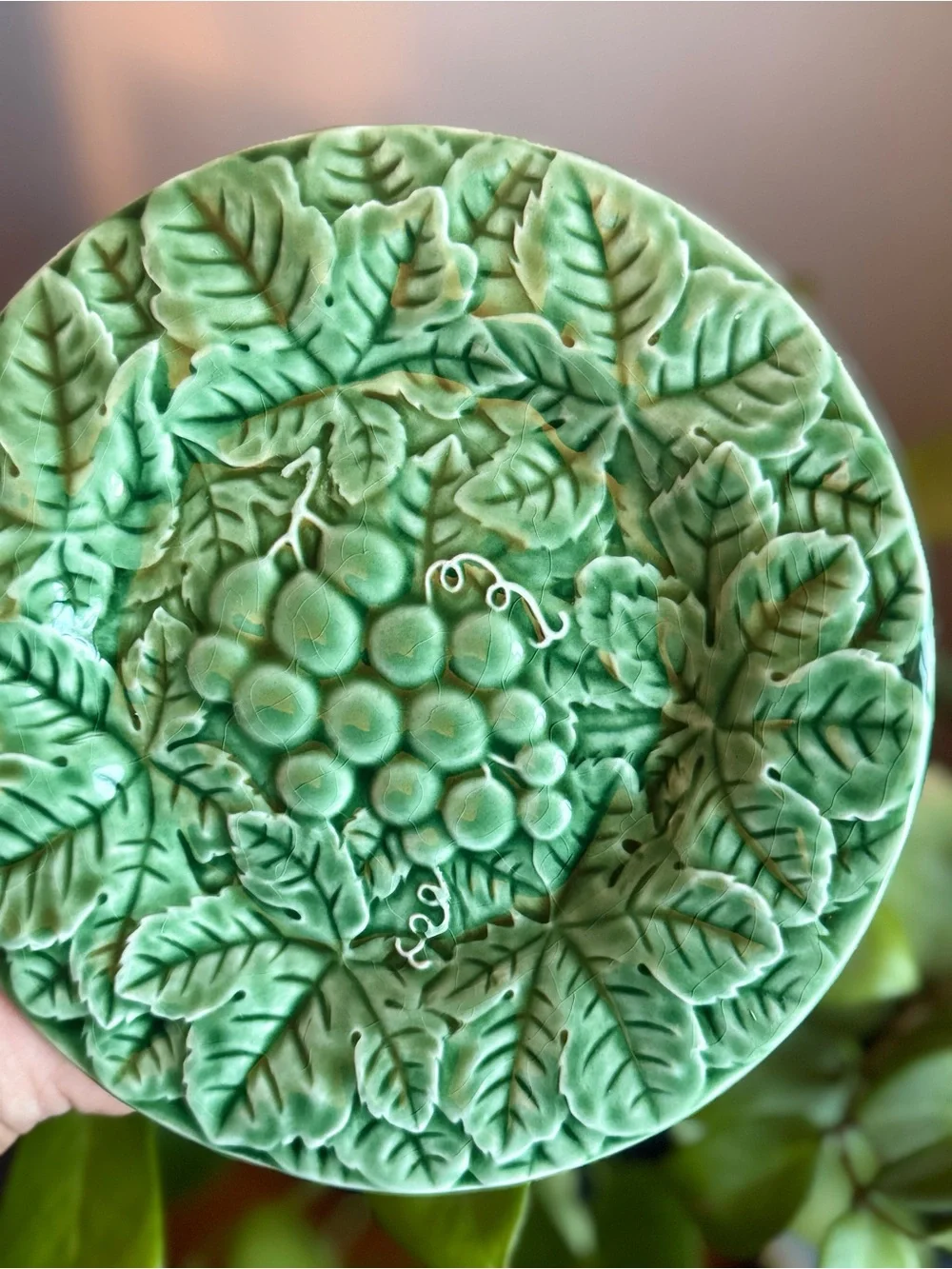 Bordallo Pinheiro Green Leaf Relief Ceramic Grape Plate